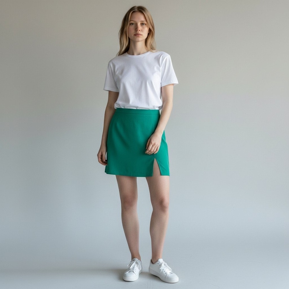 Olivaceous Mini Skirt Womens Large Green Side Slit‎ Rayon High Waisted Lined